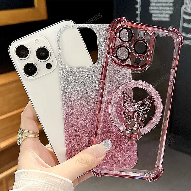 Schmetterlings Handyhülle mit Ringhalter für Samsung Galaxy S25 S24 S23 S22 Ultra Plus FE A55 A35 A15 in Gold und Pink - Bild 2