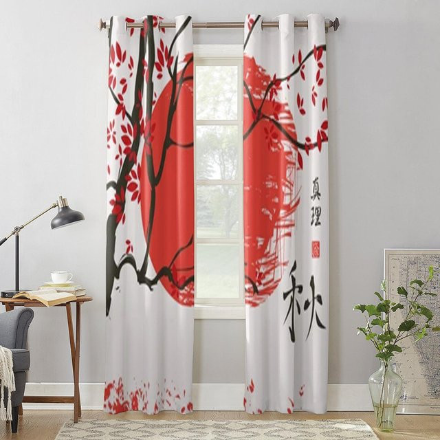 Super Six Fenstervorhang Herbstlandschaft mit Baum in Rot, semi-transparent, Breite: 135 cm, Höhe: 60 cm - Bild 1