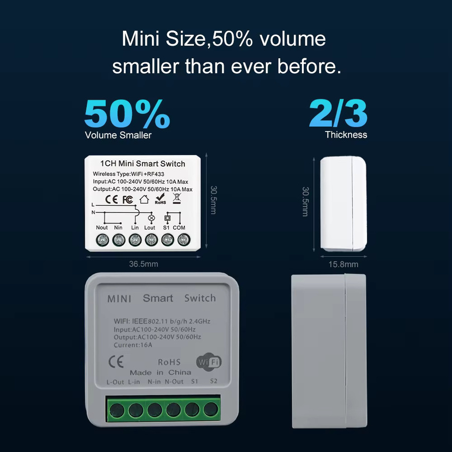 MANHOT Smart Switch Mini DIY Schaltmodul mit WiFi und RF433, 2-Wege Smart Relais zur Automatisierung, kompatibel mit Tuya und Google Home, Weiß - Bild 3