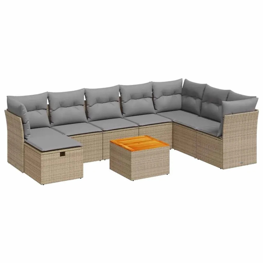vidaXL 9-teilige Garten-Sofagarnitur in L-Form aus Poly-Rattan und Akazienholz mit Kissen und Couchtisch in Beige - Bild 2