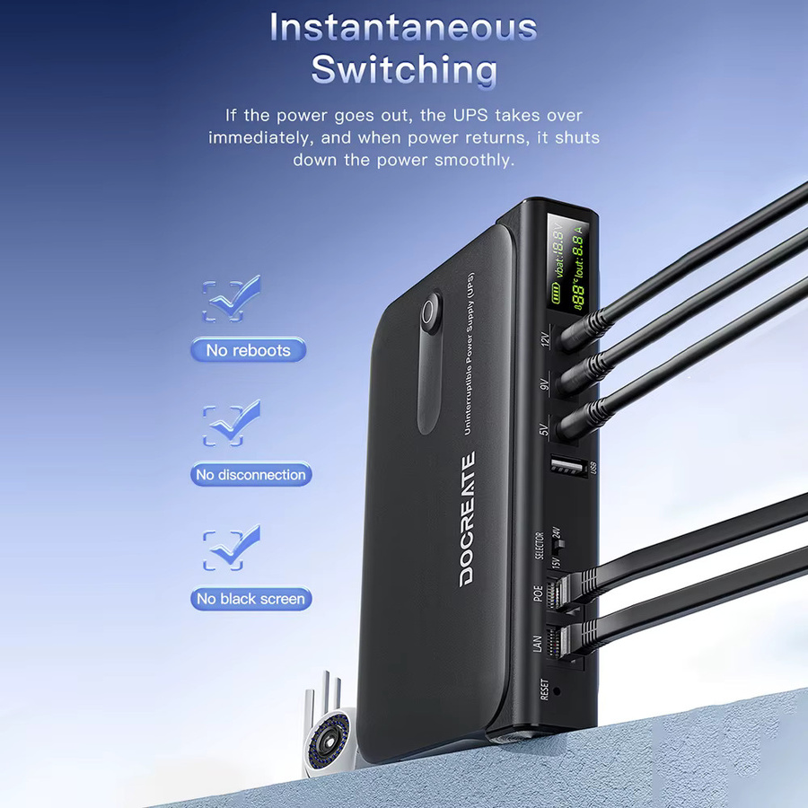 DC1036L Digitale USV Unterbrechungsfreie Stromversorgungsbox 36 W Multi-Ausgang 5 V/9 V/12 V/15 V/24 V für Router und Heimgeräte, Schwarz, ohne Batterie - Bild 3