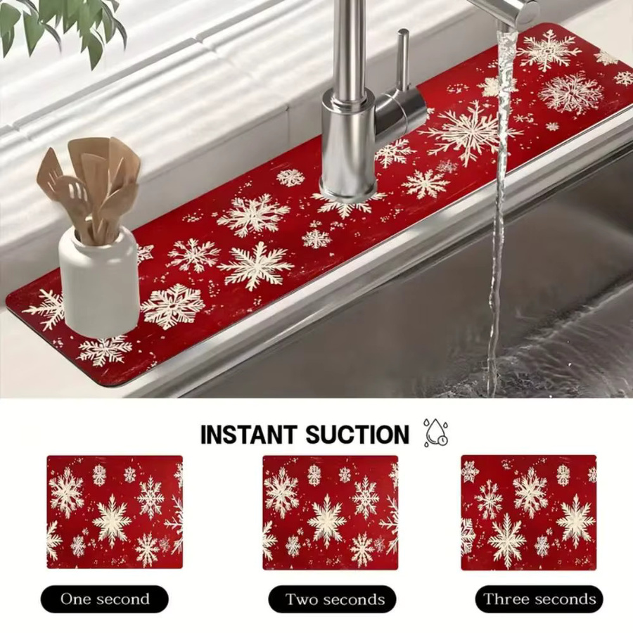 VIKAMA Weihnachts-Schneeflocken Waschbeckenmatte in Rot, wasserabsorbierende und schnell trocknende Küchenmatte zur Weihnachtsdekoration - Bild 5
