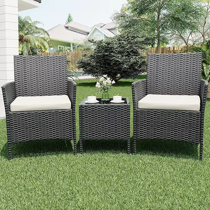 HiMISS 3-teiliges Outdoor-Gartenmöbel-Set aus Polyrattan mit Tisch aus Glas und Polsterkissen in Schwarz und Beige - Bild 2