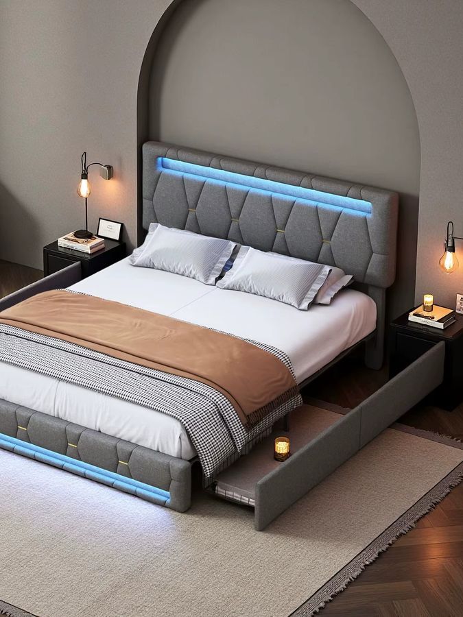 WOODENAURA Bett mit Stauraum, LED-Beleuchtung und Schubladen in Leinengrau, B/T/H: 140 x 200 cm - Bild 7