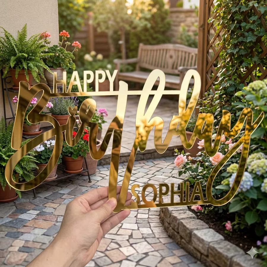 Personalisiertes Geburtstags-Namensschild von Xiangfuju aus Acryl in Spiegelgold mit individuellem Namen und Alter als Wanddekoration für deine Party - Bild 2
