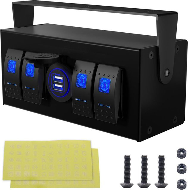 VehicleKit 4-fach Kippschalterbox mit Dual-USB Schnelllader 4,8A und Blaulichtschalter, Schwarz - Bild 1