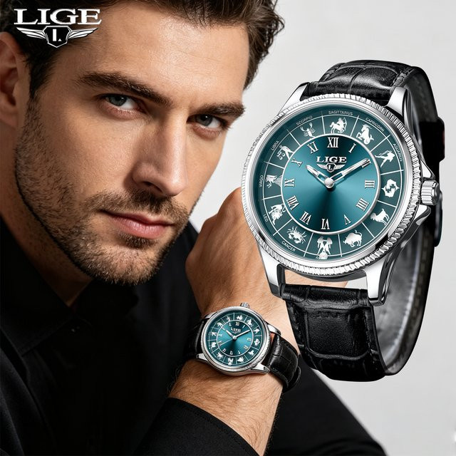 LIGE Armbanduhr Quarz, Schwarz, Leder, Herren - Bild 1