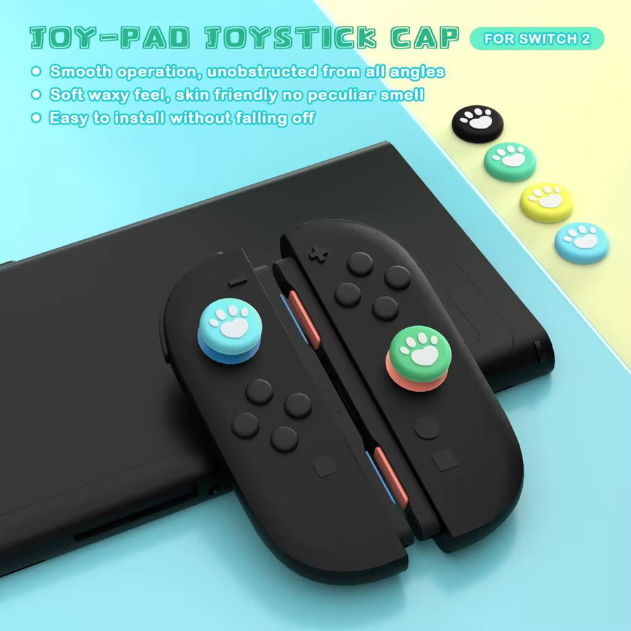 4 Stück ergonomische Daumengriffkappen mit Pfotenabdruck-Design für Nintendo Switch 2, rutschfeste Joystick-Kappen in Schwarz und Bunt - Bild 5