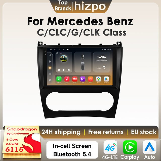 Hizpo Android 14 Autoradio mit 9 Zoll Display für Mercedes Benz C-Klasse W203 und CLK W209, Snapdragon 6115, Carplay, 4G, Bluetooth, GPS, Schwarz - Bild 1