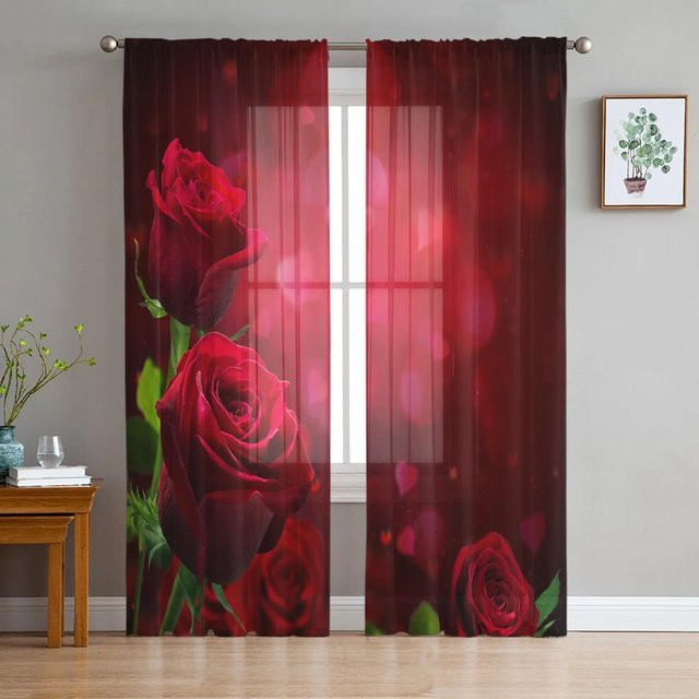 Yiran Furniture Transparentes Voile-Fenstervorhang mit Rosenblumen-Design in Weiß und Rot, Breite: 135 cm, Höhe: 115 cm - Bild 1