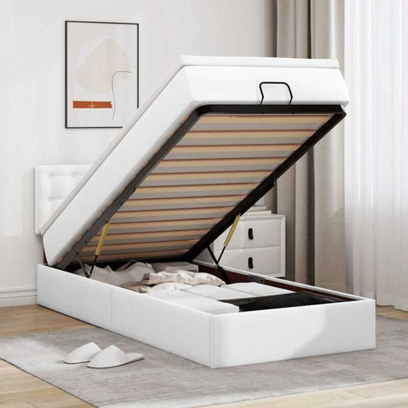 vidaxl Ottoman Polsterbett mit Matratze und LED in Weiß aus Kunstleder B/T/H: 100 x 200 x 88 cm - Bild 1