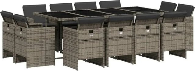 vidaXL 13-teilige Garten-Essgruppe aus Poly-Rattan mit Kissen in Grau und Hartglas-Tischplatte - Bild 1