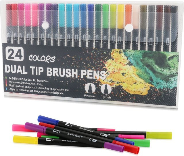 24 Farben Dual-Pinsel-Fineliner-Set mit Filzspitze für Aquarell-Kunst, Kalligraphie und Malerei in Multicolour - Bild 1