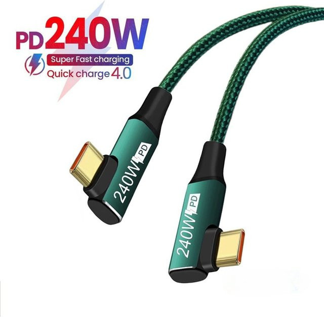 USB-C auf Typ-C Datenkabel mit Doppel-Winkelstecker für Schnellladung PD und QC3.0, 240W, 5A, Schwarz - Bild 1