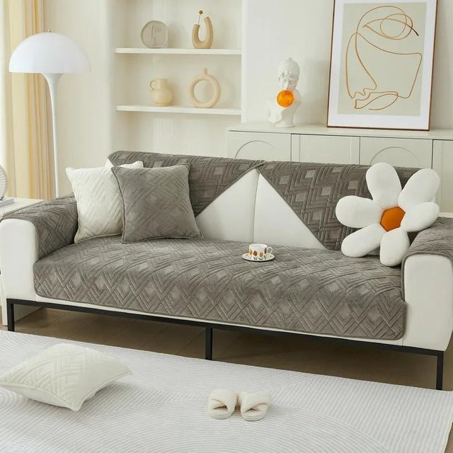 Rutschfestes Sofa-Handtuch aus Plüsch in Grau mit geometrischem Design, Breite: 70 cm, Breite: 70 cm - Bild 1
