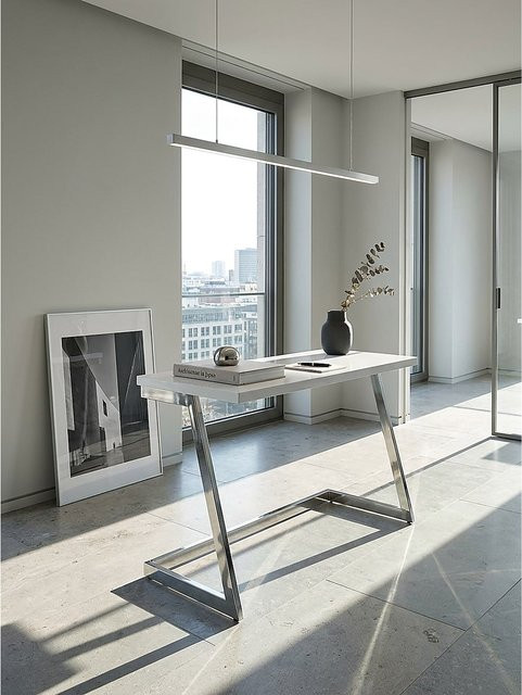 Moderner Konsolentisch von KADIMA DESIGN in Hochglanz Weiß und Silber mit Metallbeinen, B/T/H: 120 x 55 x 76 cm - Bild 1