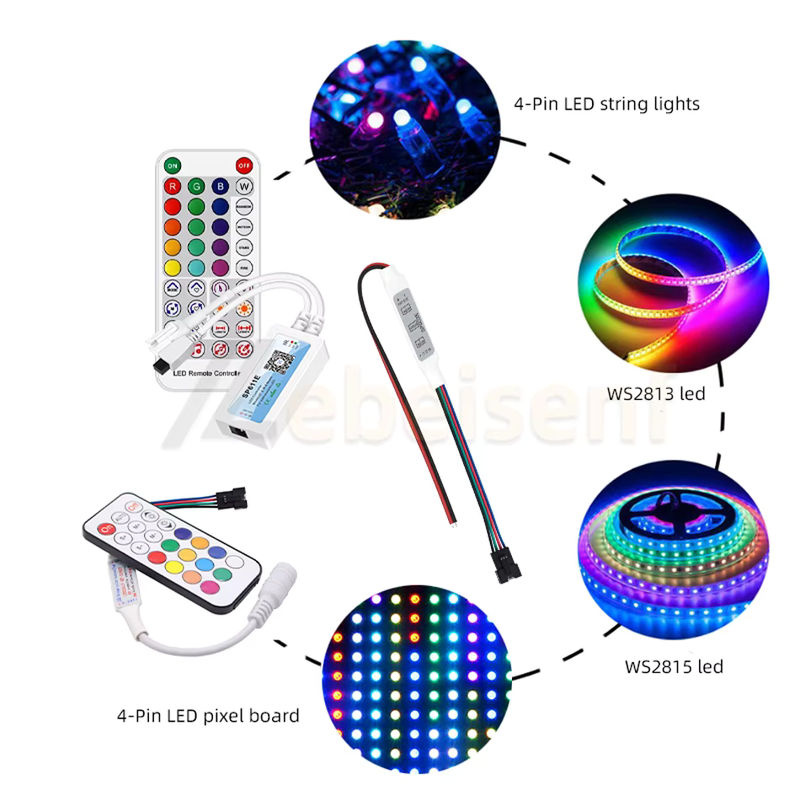 Lebeisenf WS2813 WS2815 Pixel LED-Streifen-Controller mit Bluetooth und RF-Fernbedienung, adressierbarer 4-poliger Mini-Dimmer für DC 5 V, 12 V und 24 V, Multicolor RGBIC Steuerung - Bild 3