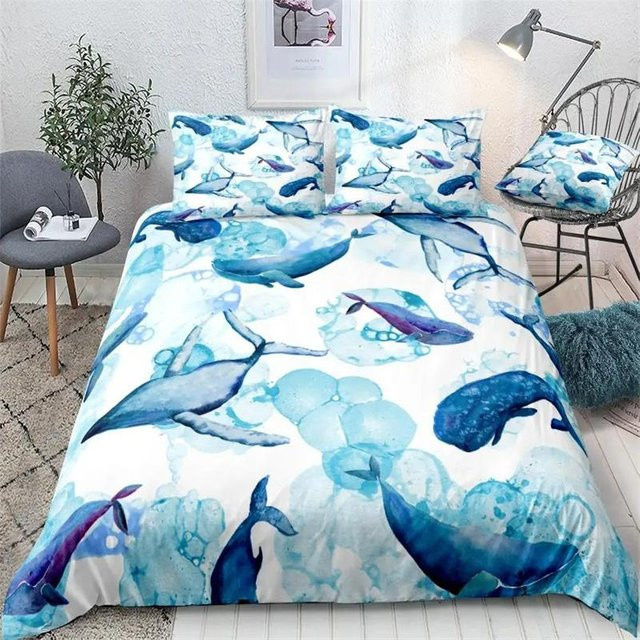 JMG Household Supplies Bettwäsche-Set Ozean Blauwal mit Streifen und Meerestieren aus Mikrofaser, Blau, B/H: 210 x 210 cm - Bild 1