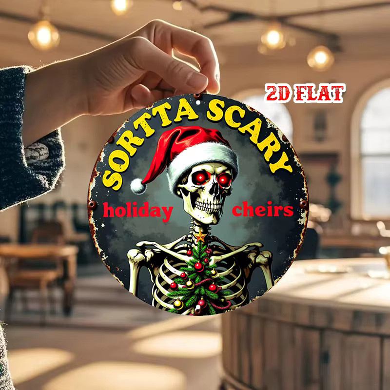 Potdemiel Metall-Wanddekoration Horror-Weihnachtsmann-Skelett in Rot, Retro-Gothic Wandschild für Halloween und Weihnachten - Bild 4