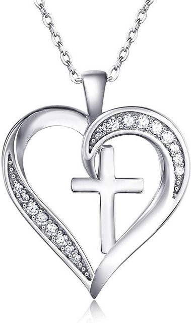 GDMN jewelry Halskette Damen, Silber, Herz- und Kreuz-Anhänger, Kristall, Zirkonia, weiß - Bild 1