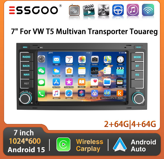 ESSGOO 7 Zoll Android 15 Multimedia-Navigationssystem für VW T5 Multivan Transporter mit kabellosem CarPlay, Android Auto, GPS, WLAN und Bluetooth in Schwarz - Bild 1