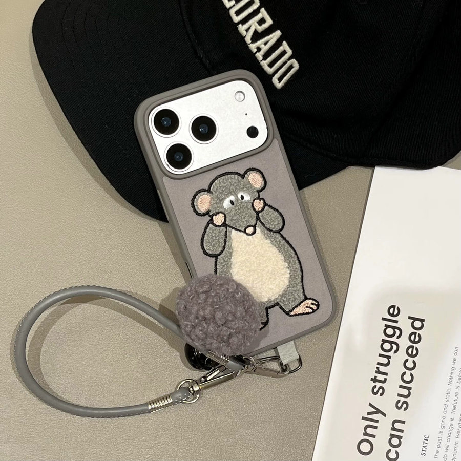 JINHR Cartoon Plüsch Handyhülle mit Wise-Maus Stickerei, Handschlaufe, Glocke und Trageband für iPhone 17 16 15 14 13 Pro Max, Grau/Silber - Bild 2