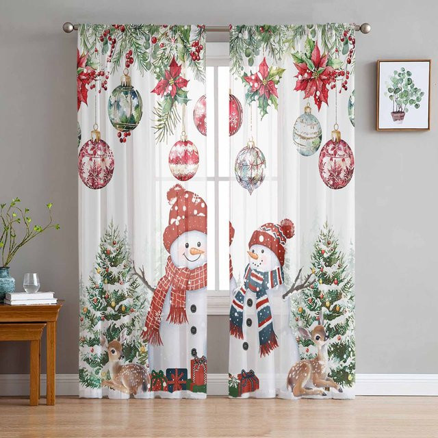 Transparente Weihnachts-Tüllvorhänge mit Schneemann, Rentier und Weihnachtsmotiv in Weiß, Breite: 135 cm, Höhe: 115 cm - Bild 1