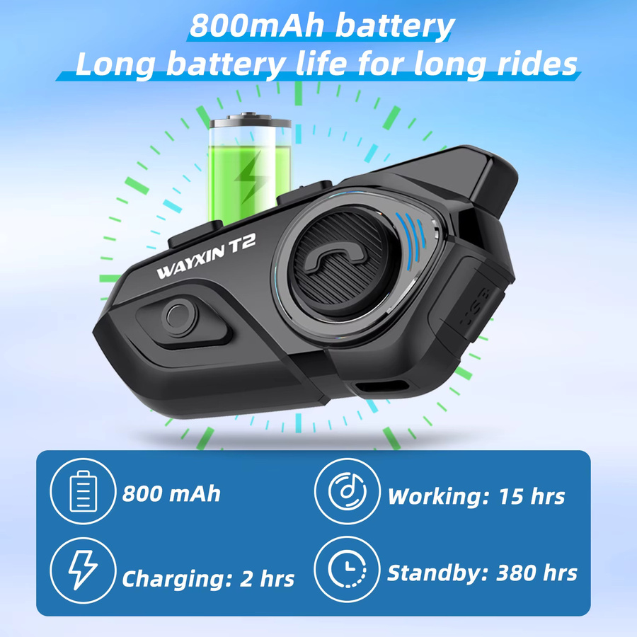 WAYXIN T2 Motorradhelm-Headset für 2 Fahrer mit 300m Intercom-Reichweite, wasserdichtes Bluetooth 5.4 Kommunikationsgerät - Bild 4