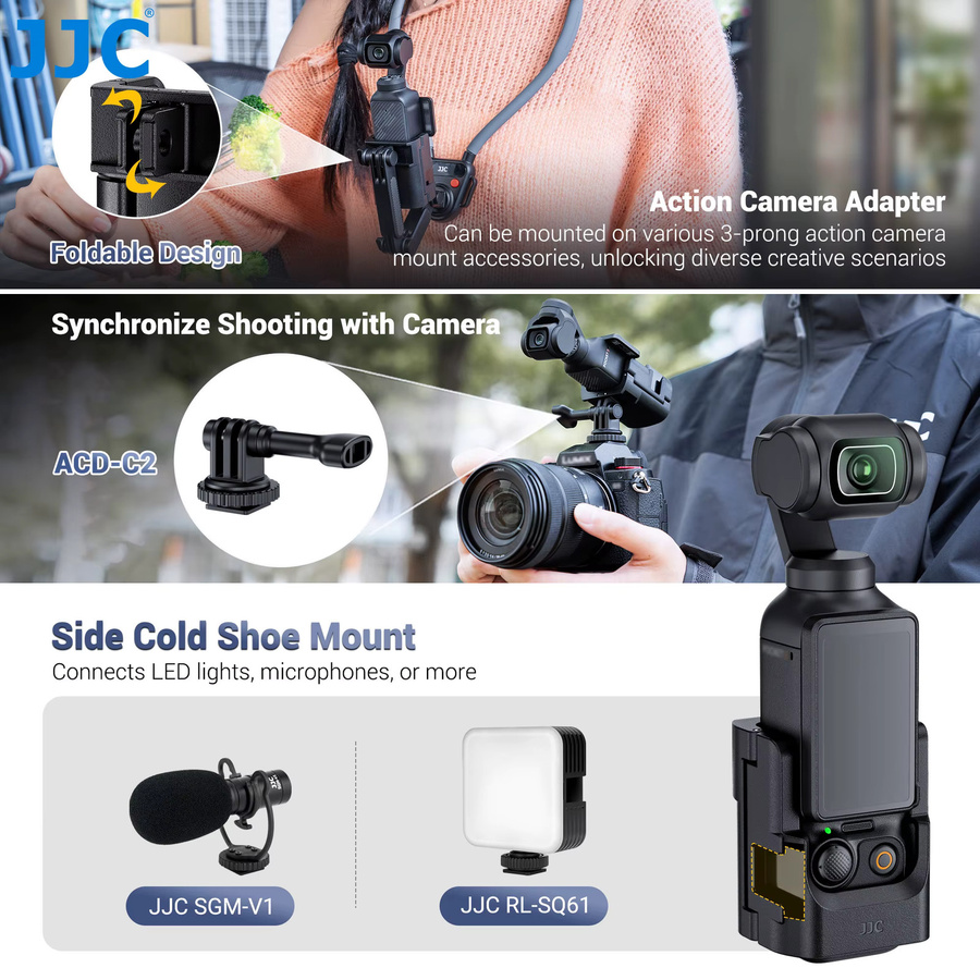 JJC Erweiterungsadapterhalter für DJI Osmo Pocket 3 und Pocket 4 mit Cold-Shoe-Halterung, LED-Licht und Mikrofonhalterung, Schwarz - Bild 2