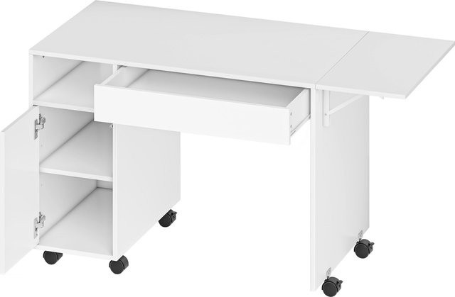 HOMCOM Schreibtisch mit Rollen und Klappplatte in Weiß, moderner Bürotisch mit Schublade, Schrank und offenem Fach, B/T/H: 140 x 53 x 75 cm - Bild 1