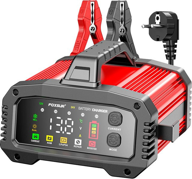 Smart Car Battery Charger Rot Tragbares Ladegerät und Booster für 12V-24V Motorrad Blei Säure AGM GEL LiFePo4 Batterien mit Puls Reparaturfunktion - Bild 1