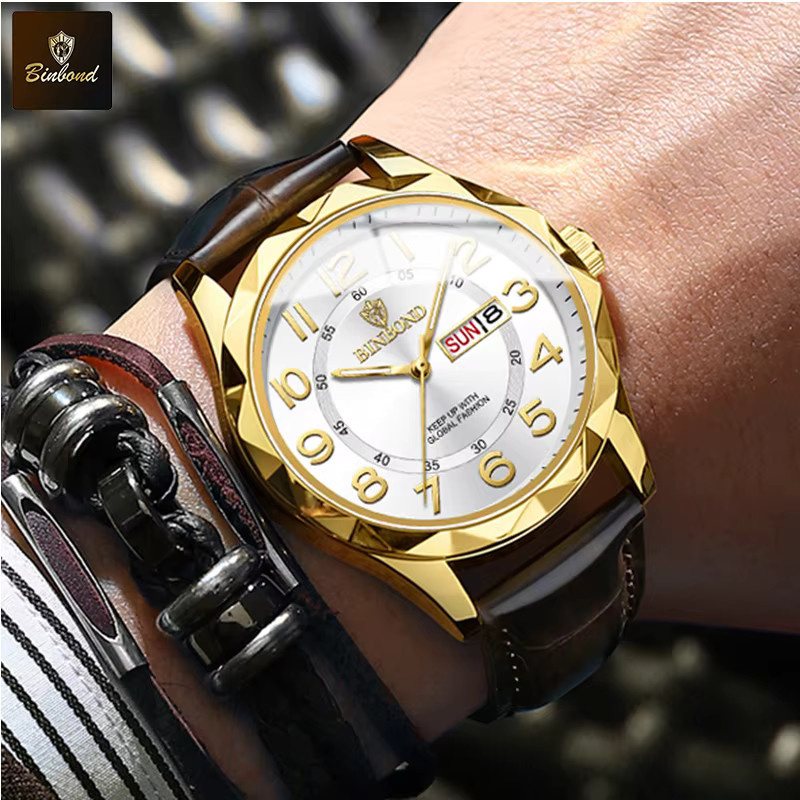 BINBOND Armbanduhr Quarz, Leder, Gold, Herren - Bild 5
