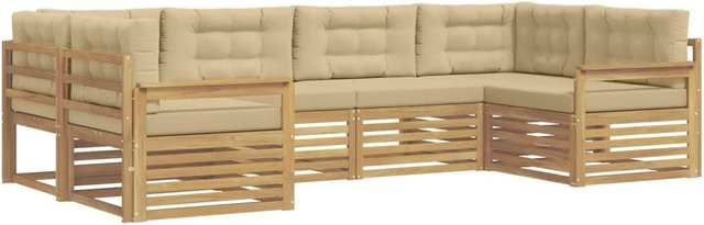 vidaXL Outdoor-Sofagarnitur aus Akazienholz in L-Form mit Kissen, Weiß und Beige - Bild 1