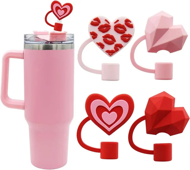 SUNFILI Herzförmige Strohhalm-Aufsätze für Trinkbecher, 4er-Pack, Pink, 10mm Durchmesser - Bild 1
