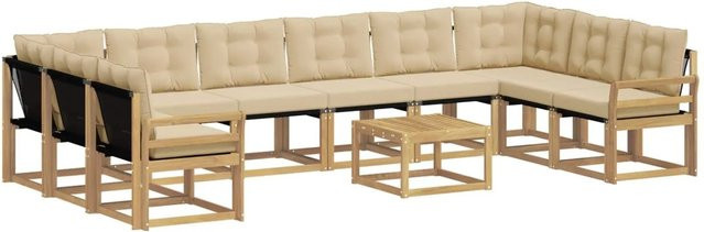 vidaXL Outdoor-Sofagarnitur aus Akazienholz mit 11 Kissen in Weiß und Beige - Bild 1