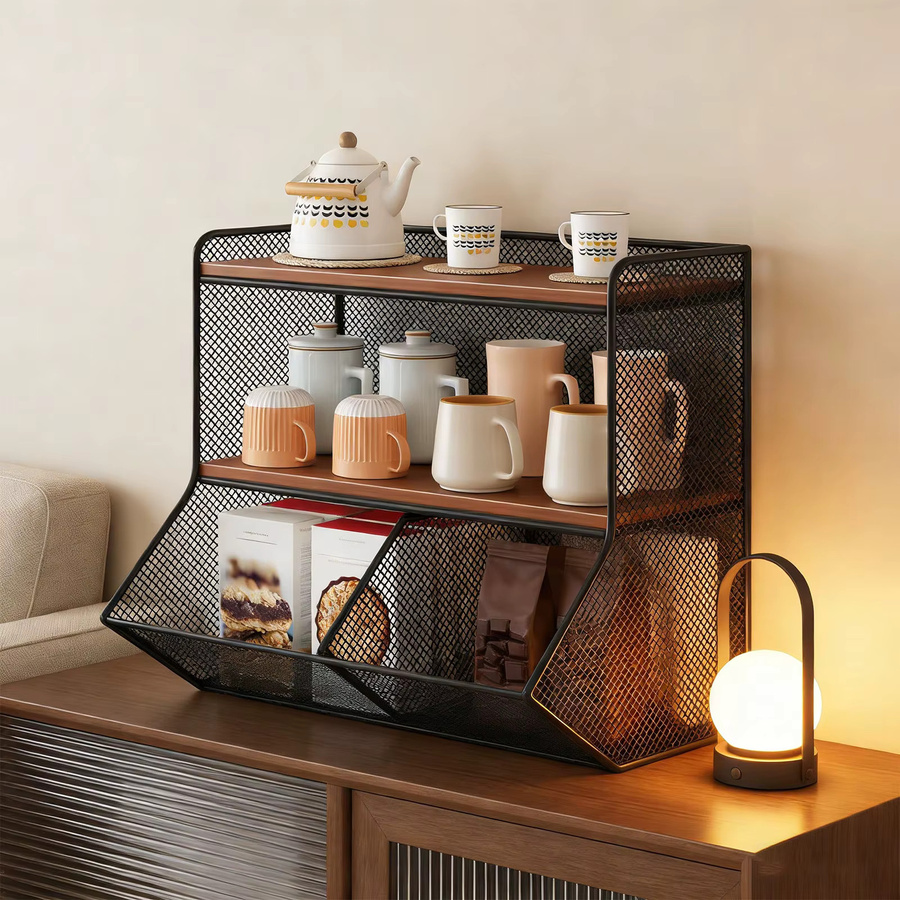 Serenable 2-stufiges Tischregal aus Holz in Schwarz als Küchenorganizer und Aufbewahrungsregal für Büro und Küche - Bild 2