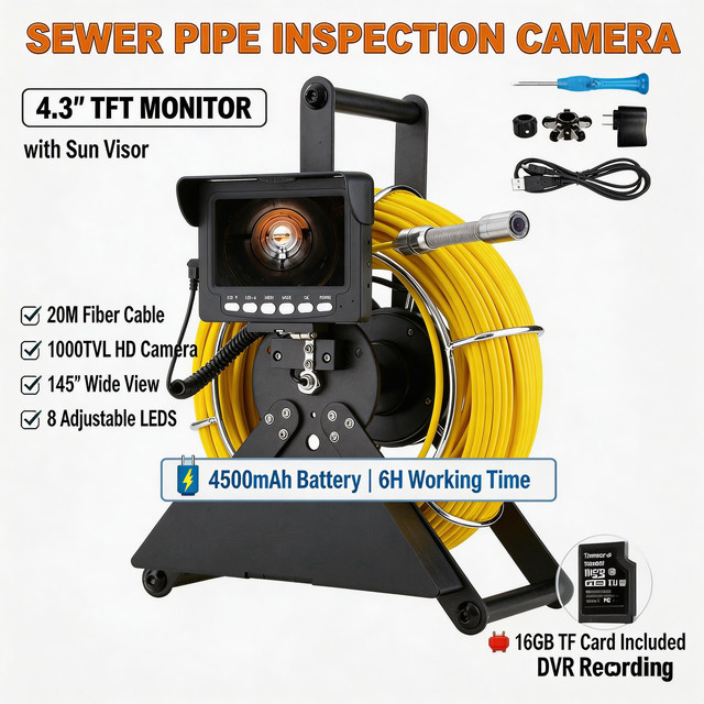 GAMWATER Kanalinspektionskamera mit 4,3 Zoll Display, 1000TVL HD, 20m Kabel und 4500mAh Akku inklusive 16G Karte und 8 LED für Abfluss- und Rohrinspektion - Bild 1