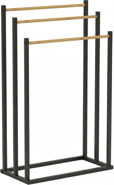 Relaxdays Handtuchständer aus Eisen und Bambus in Schwarz, freistehend mit 3 Stangen, B/T/H: 76 x 45 x 21,5 cm - Bild 1