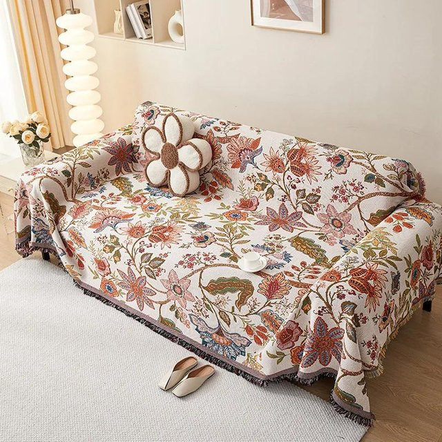 Your Warm Home Boho Sofa Überwurf aus Baumwolle und Leinen mit Blumenmuster, Mehrfarbig, B/B: 180 x 230 cm - Bild 1