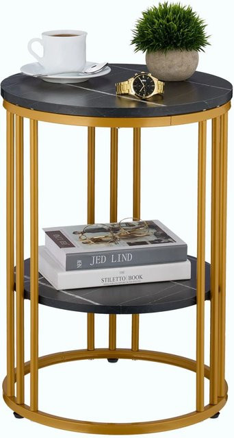 Relaxdays Beistelltisch in Schwarz und Gold mit Marmoroptik, höhenverstellbar, rund, Eisen und MDF, Durchmesser: 40 cm, Höhe: 56 cm - Bild 1