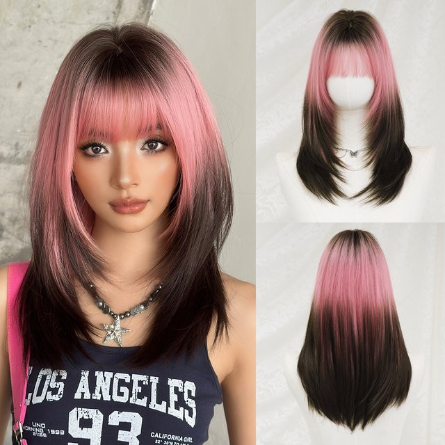 7JHH WIGS Perücke Damen, schulterlang, gerade, schwarz-rosa Ombré, synthetisch - Bild 1