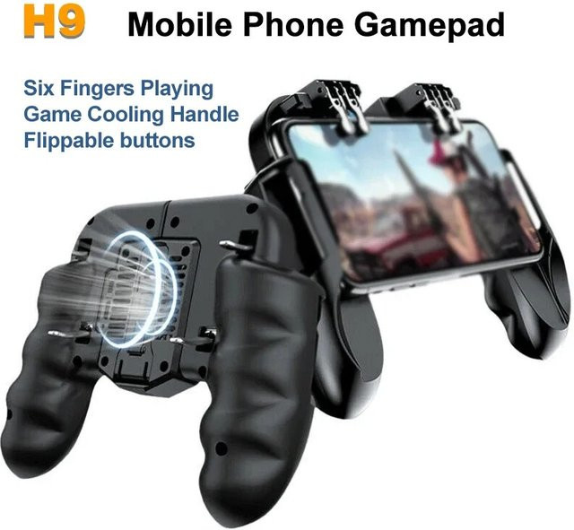 H9 6-Finger Handy Game Trigger Controller mit Kühler und L1R1 Schießtasten für PUBG, Schwarz, kompatibel mit iOS und Android - Bild 1