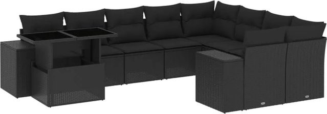 vidaXL 10-teilige Garten-Sofagarnitur in L-Form aus Poly-Rattan und pulverbeschichtetem Stahl mit Kissen in Schwarz - Bild 1