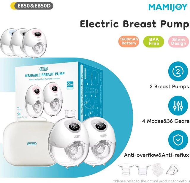 MAMIJOY Tragbare elektrische Milchpumpe EB50 und EB50D mit 4 Modi und 36 Saugstufen, geräuscharm mit 35 dB, freihändig und wearable in Blau und Weiß - Bild 1