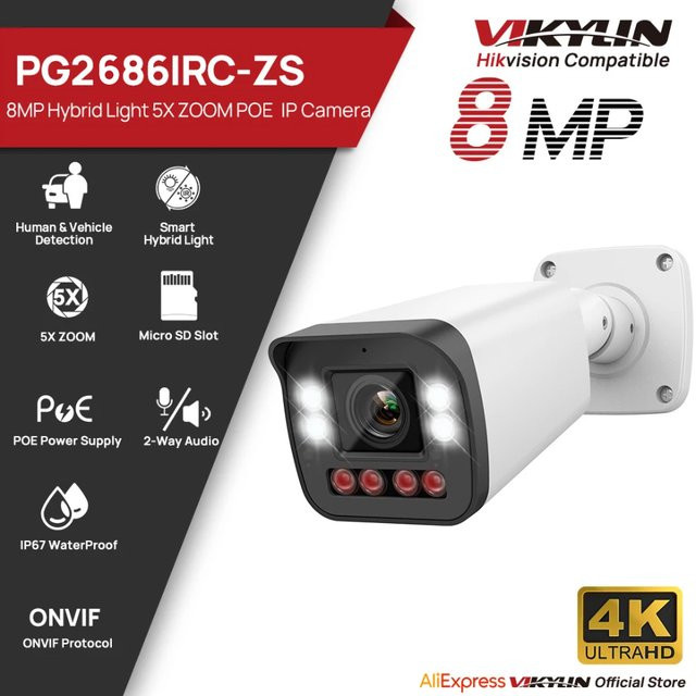 VIKYLIN 8MP Bullet IP-Kamera mit 5X Zoom, 2-Wege-Audio und SD-Kartensteckplatz, IP66 wetterfest, PoE Sicherheitskamera in Weiß - Bild 1
