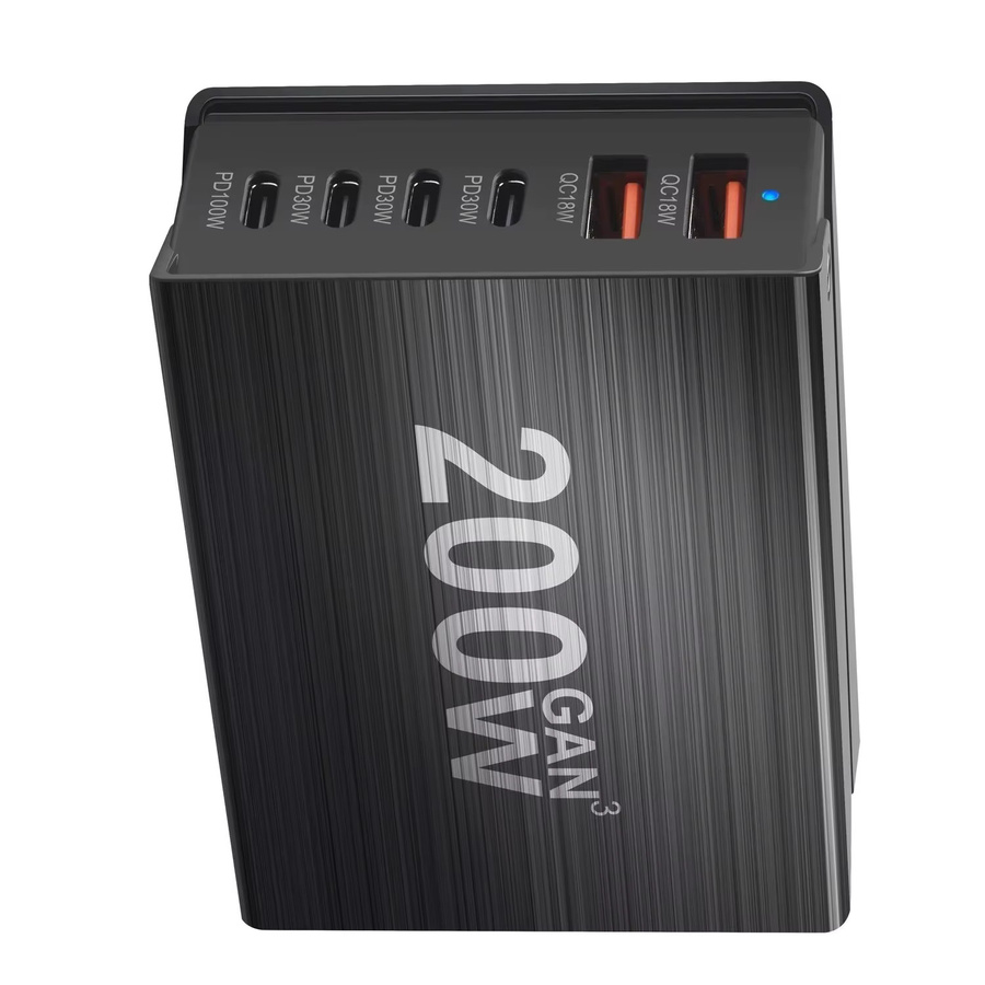 Deepartner 200 W USB Typ-C Schnellladegerät mit GaN-Technologie, 6-Port Netzteil (4C2A) in Schwarz - Bild 4