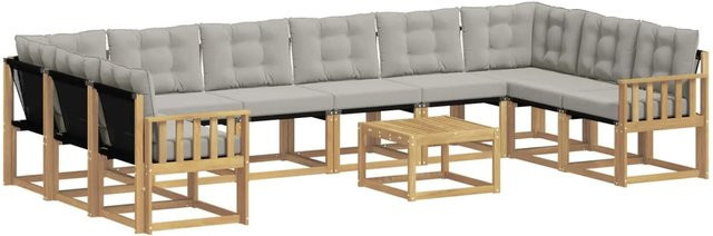vidaXL Outdoor-Sofagarnitur in U-Form aus massivem Akazienholz mit Textilene und Kissen, Weiß-Hellgrau - Bild 1