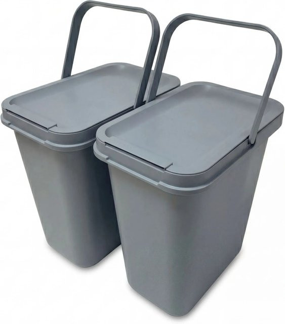 BigDean Mülleimer Set 2 Stück Grau mit Deckel, Henkel und Mülltütenbefestigung, Volumen: 12 Liter - Bild 1