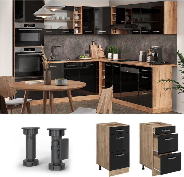 Vicco Küchenunterschrank R-Line mit Schubladen Schwarz Hochglanz und Goldkraft Eiche Breite: 40 cm - Bild 3
