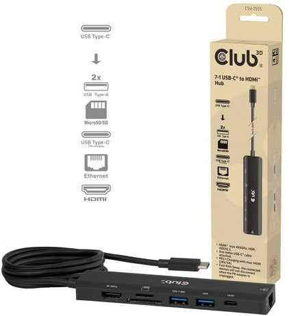 Club3D CSV-2555 USB-Hub mit 7 Ports: USB-A, RJ45, HDMI, microSD, SD und USB-C PD in Schwarz - Bild 1